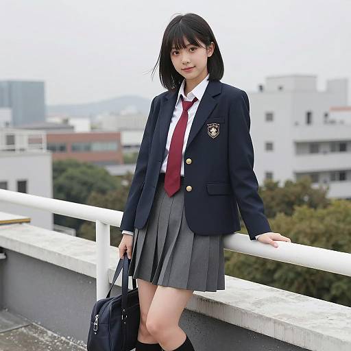 Japanese Schoolgirl on Rooftop with Bag