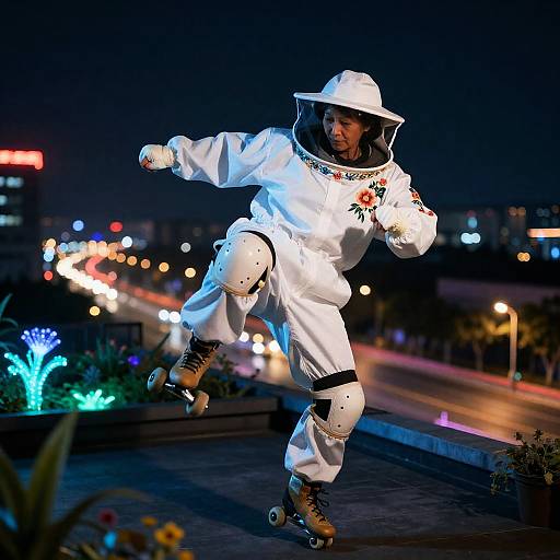 Floral Beekeeper Kickflip Above Neon Freeway