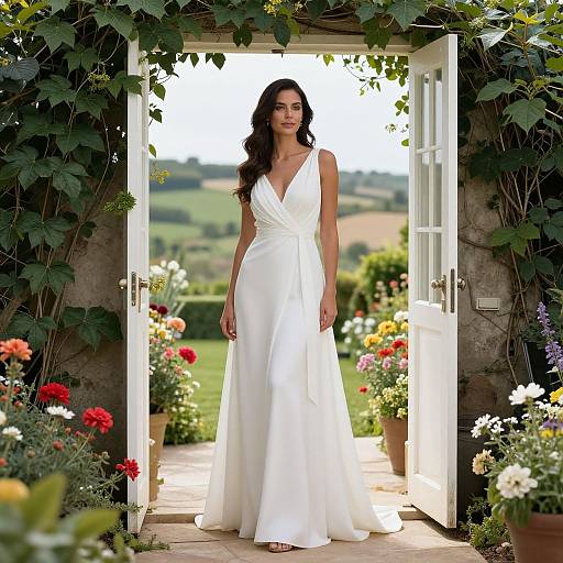 Photograph of a brunette woman in a white, sleeveless, deep V-neck wedding gown standing in an open garden door, surrounded by vibrant flowers and
