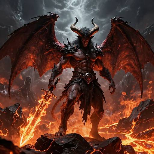 Muscular Demon Wielding Flaming Sword
