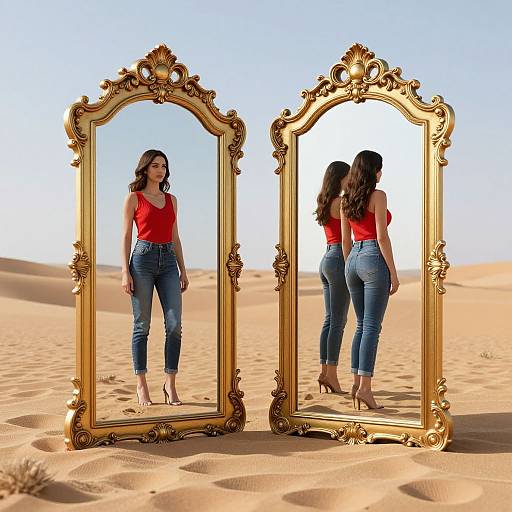 Photograph of a woman with long brown hair, red sleeveless top, and blue jeans, standing in a desert, reflected in two ornate gold