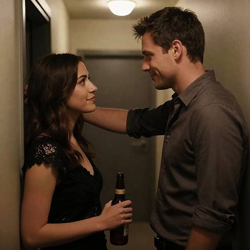 Intimate Moment in a Dimly Lit Hallway