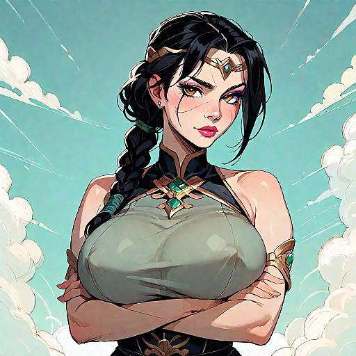 Digital comic-style artwork of a confident, black-haired woman with large breasts, crossed arms, green top, golden jewelry, and blue sky background.