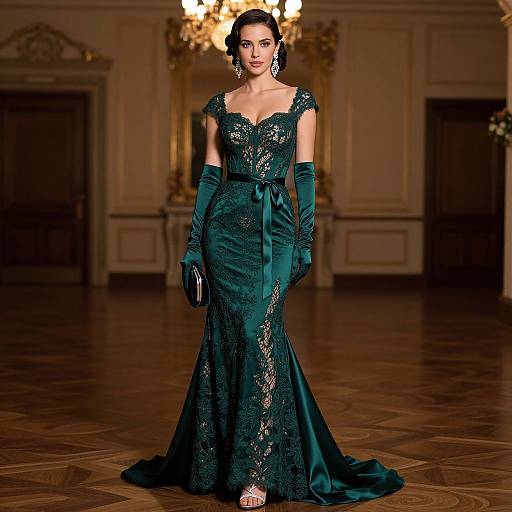 Photograph of a woman in a dark green, lace evening gown with off-the-shoulder sleeves, long gloves, and elegant earrings, standing in