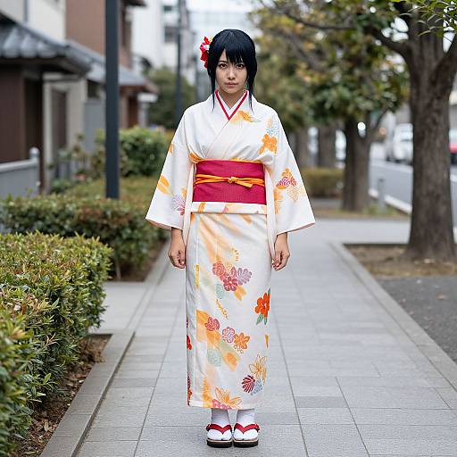 Photograph of an Asian woman with black hair, wearing a white floral kimono, red obi, and white geta, standing on a suburban