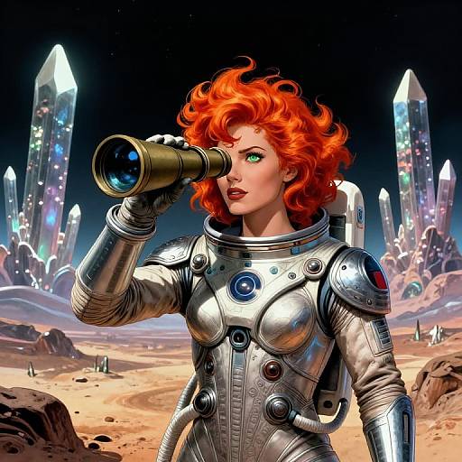 Digital art of a red-haired woman in silver space armor with a futuristic crystal city background, using binoculars, looking ahead.