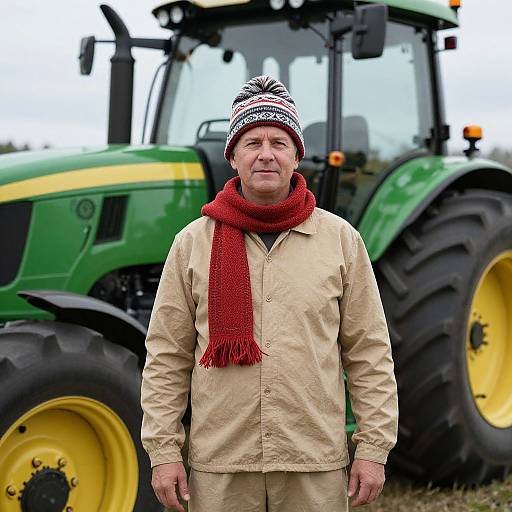 Middle-aged man in beige jacket and red scarf, wearing patterned beanie, stands in front of a green and yellow tractor. Photograph.
