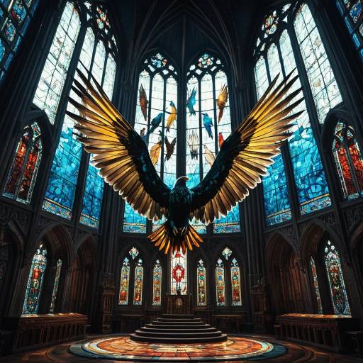 Fantasy Cockatrice with Spread Wings in Gothic Cathedral