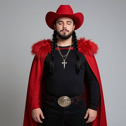 Photograph of a bearded man with closed eyes, wearing a red cowboy hat, black shirt, red fur-trimmed cape, black pants,