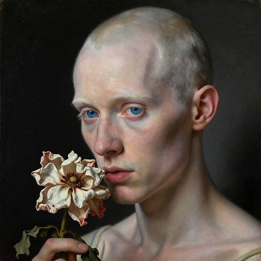 Photorealistic digital painting of a bald, pale-skinned person with blue eyes, holding a white, slightly wilted flower against a dark background.