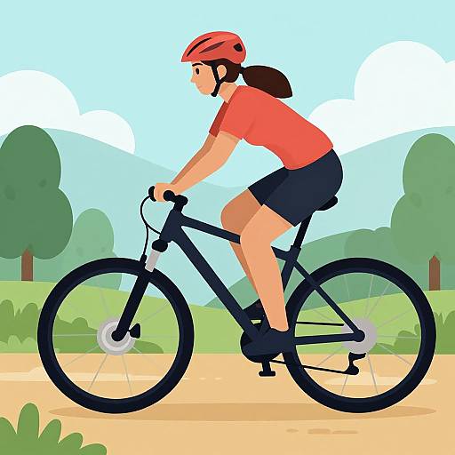 Illustration of a woman in a red helmet and orange shirt cycling on a paved path with green trees and a blue sky.