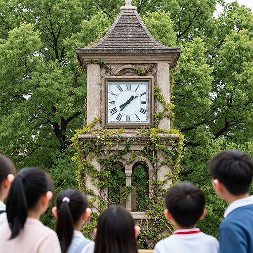 Photograph of a vintage clock tower with ivy, set against lush green trees; group of schoolchildren with dark hair, seen from behind, observe