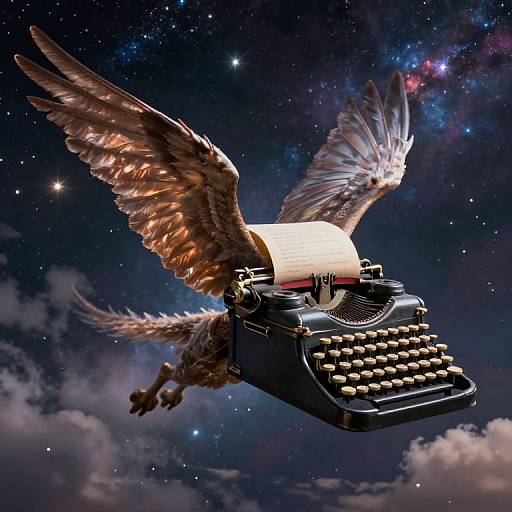 Digital artwork of a black typewriter with golden keys and angel wings soaring through a starry, cosmic night sky.