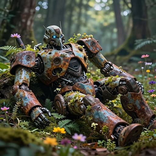 Photorealistic CGI of a rusted, cybernetic robot reclining in a lush, sunlit forest, surrounded by vibrant wildflowers and moss