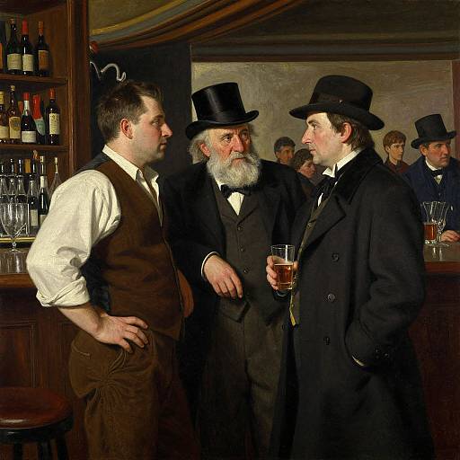 Photograph of three men in 19th-century attire, black top hats, and dark suits, standing in a dimly lit bar, conversing