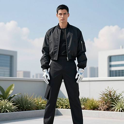 Confident Man in Futuristic Rooftop Fashion