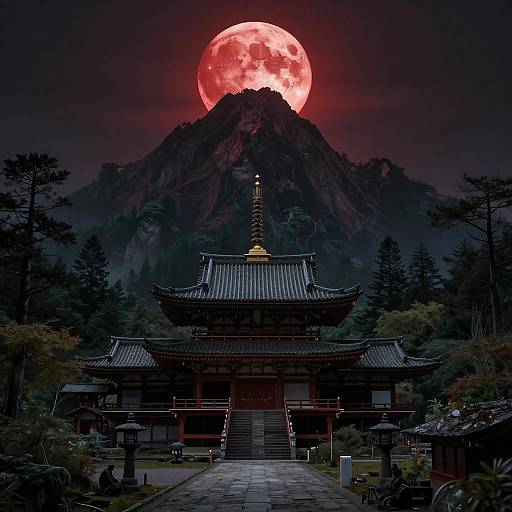 Symmetrical Blood Moon Mountain Temple Scene