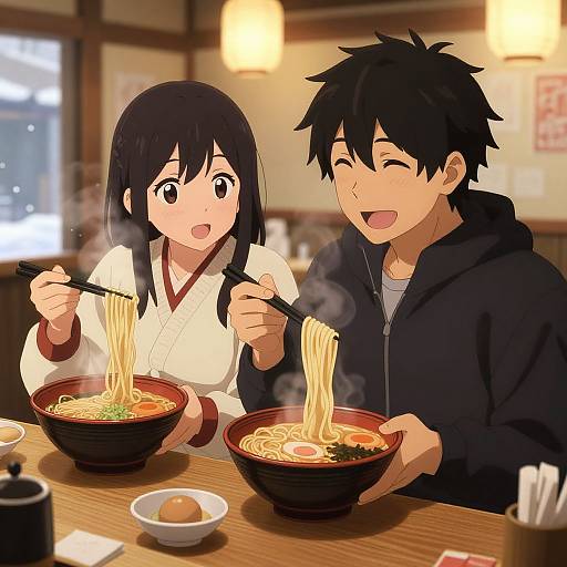 Cozy Anime Couple Sharing Ramen