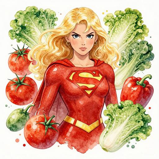 Watercolor illustration of blonde Superwoman with blue eyes, red suit, yellow belt, and 'S' emblem, surrounded by vibrant tomatoes and lettuce.