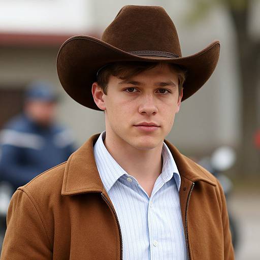 Photograph of a young Caucasian man with fair skin, brown eyes, wearing a brown cowboy hat, brown jacket, and blue striped shirt, standing outdoors
