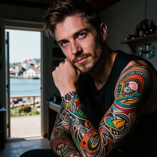 Photograph of a tattooed, bearded man with blue eyes, dark hair, and colorful arm tattoos, sitting in a dimly lit room with