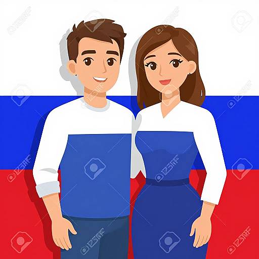Digital illustration of a smiling brown-haired man and woman in white shirts and blue aprons, standing against a Russian flag background.