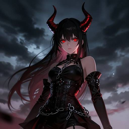 Digital anime artwork of a demon girl with glowing red eyes, black horns, long black hair, wearing a black leather corset, chains, and gloves