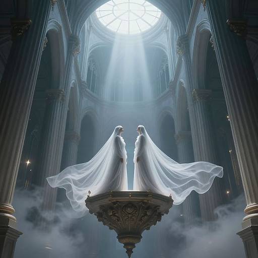 Digital artwork of two white, ethereal brides in long, flowing veils standing on an ornate pedestal in a grand, Gothic cathedral with sunlight streaming