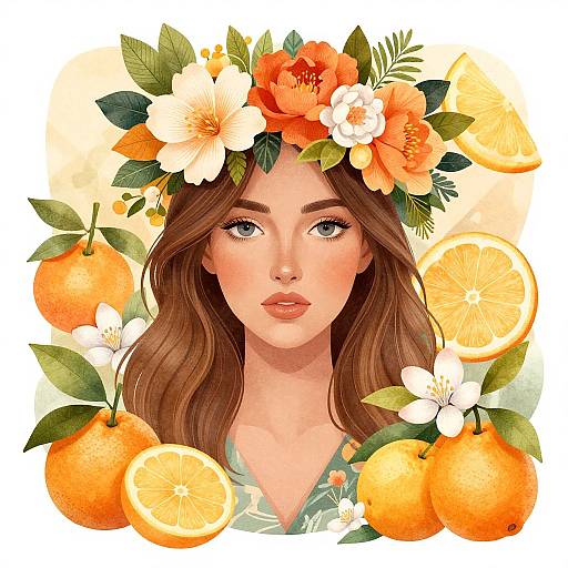Digital illustration of a fair-skinned woman with long brown hair, wearing a floral crown of orange and white flowers, surrounded by oranges and lemon slices.