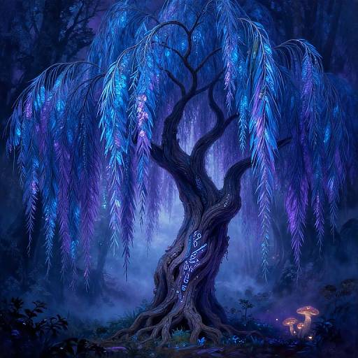 Digital fantasy artwork: A glowing, blue-purple willow tree with bioluminescent leaves in a mystical forest, illuminated by ethereal light, with