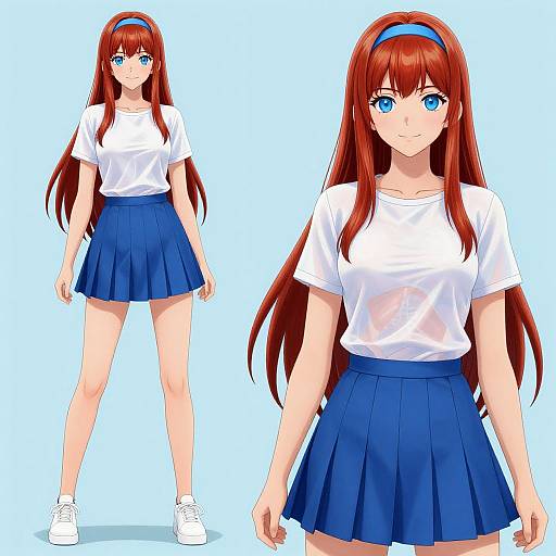 Anime Girl with Red Hair and Blue Skirt