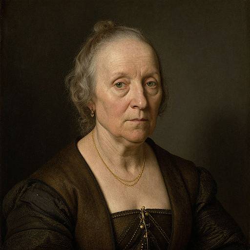 Photograph of an elderly woman with grey hair, pale skin, wearing a black dress, gold necklace, and earrings, against a dark background. Classic