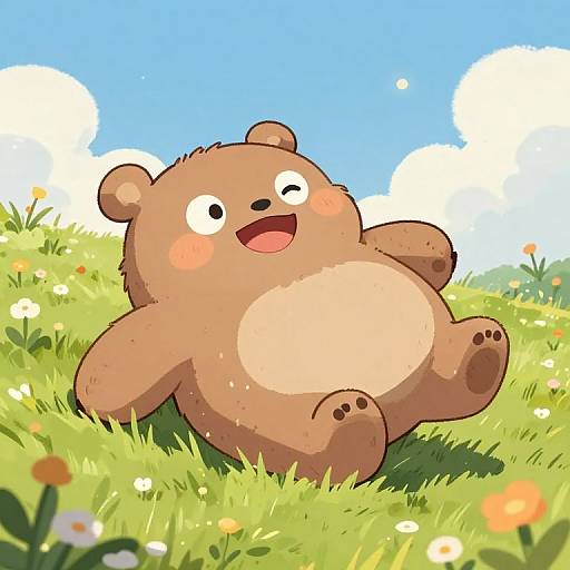 Cute, chubby brown bear with round eyes and open mouth, lying on green grass field with flowers and blue sky with white clouds. Digital cartoon style