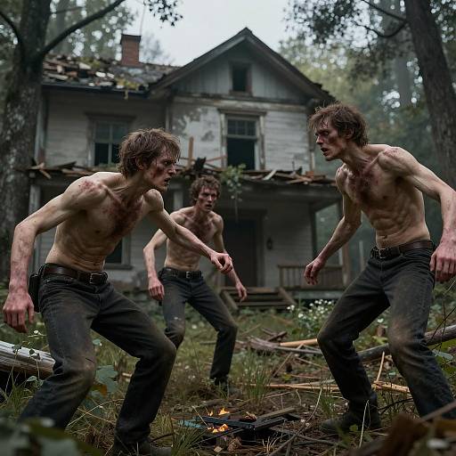 Fragile Aggressive Men in Dilapidated Woods