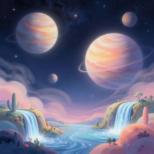 Pastel Planets with Glowing Waterfalls