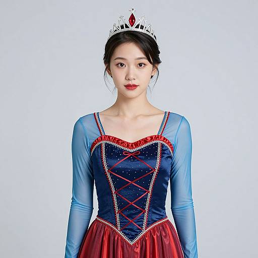 Photograph of an Asian woman with fair skin, black hair, wearing a blue corset dress with red crisscross lacing, red skirt,