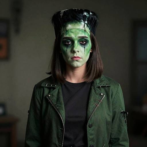 Photograph of a woman with green face paint, black eyeliner, black top, green military-style jacket, and black hair, standing in dimly