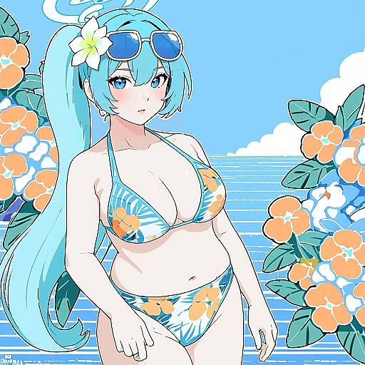 Illustration of Hiyori (swimsuit) (blue archive), blue archive in the style of Donburi (donburikazoku)