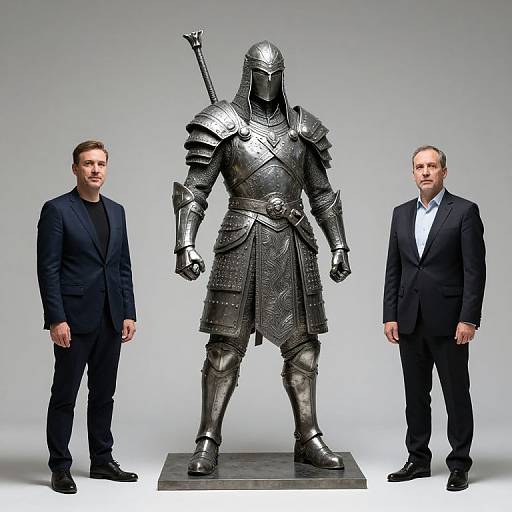Photograph of two men in black suits flanking a towering, detailed medieval knight statue with a sword on a gray background.