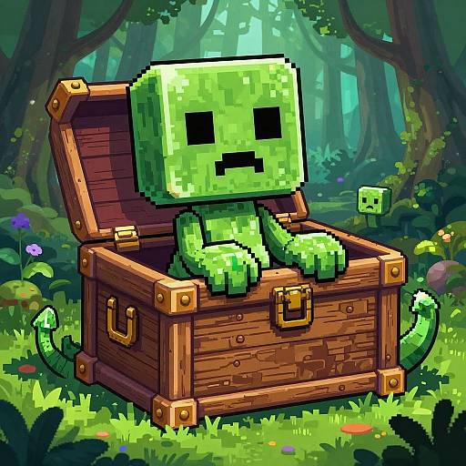 Pixel art of a green, blocky Creeper from Minecraft sitting in an open wooden treasure chest in a vibrant, forested meadow.