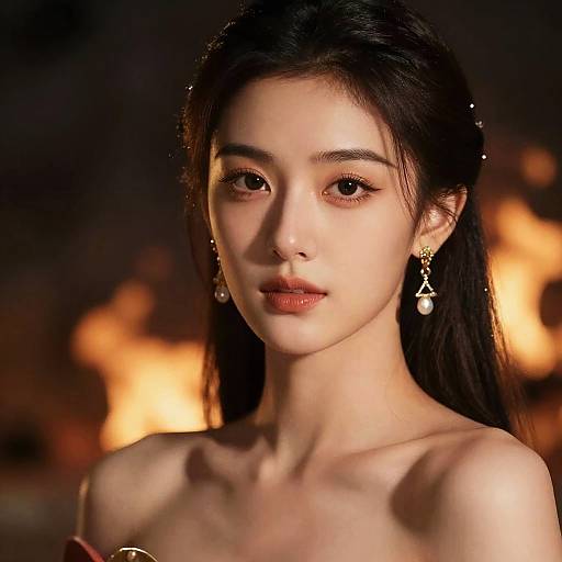 Portrait of Elegant Asian Woman with Pearl Earrings