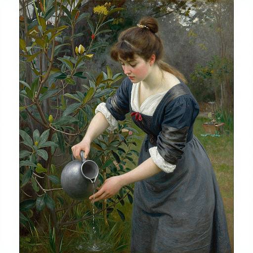 Realistic painting of a fair-skinned woman with brown hair in a bun, wearing a dark blue dress with white cuffs, pouring water from a metal