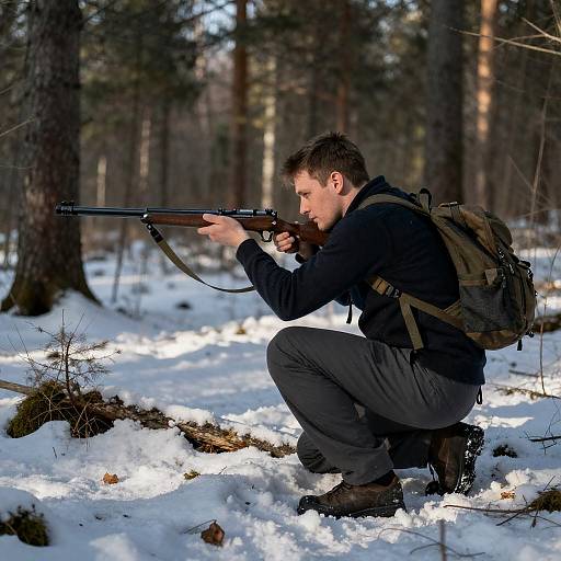 Crouched Hunter in Snowy Forest