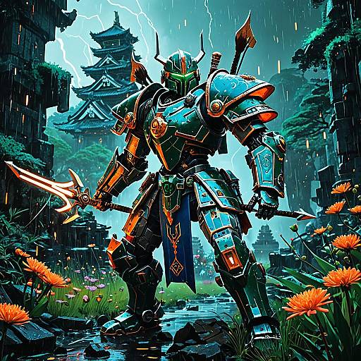Emerald-Eyed Mech-Monastic Archer in Cyber-Japan Armor