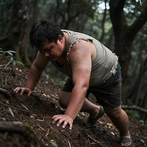 Struggling Boy Climbing Steep Hill