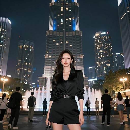 Chic Woman in Lively Urban Nightscape
