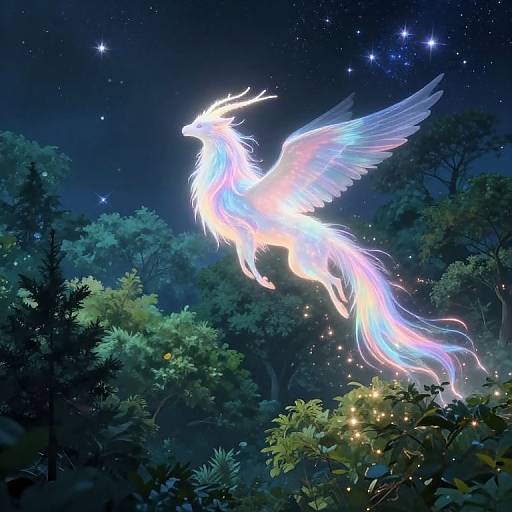 Digital painting of a glowing, ethereal dragon with wings and antlers, soaring through a starry night forest, surrounded by luminescent leaves.