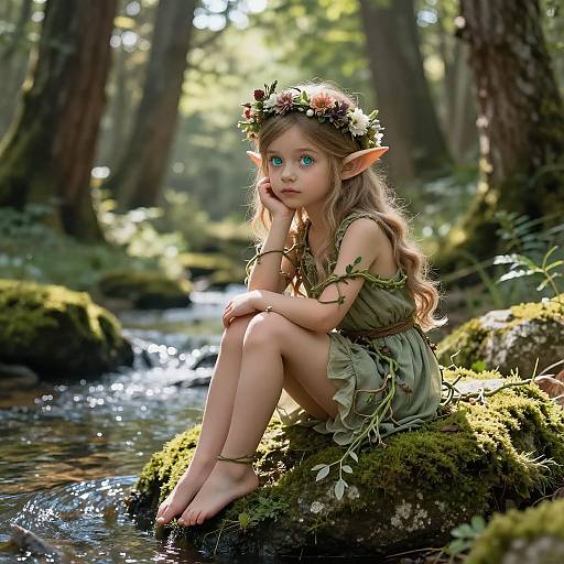 Digital art of a young, elf-like girl with green eyes, wearing a leafy dress and flower crown, sitting on a mossy rock by a