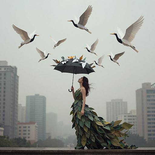 Photograph of a woman in a leaf dress holding a black umbrella with flying birds, urban cityscape background, overcast sky.