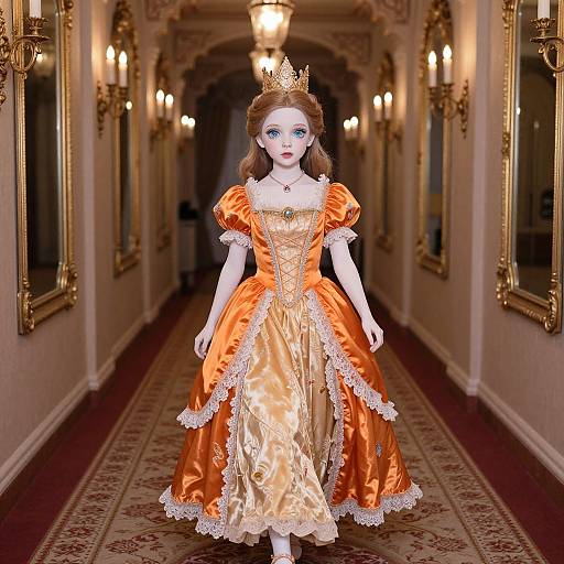 Photograph of a doll in an ornate, orange and gold ball gown with lace trim, wearing a gold crown, walking down an elegant, lit